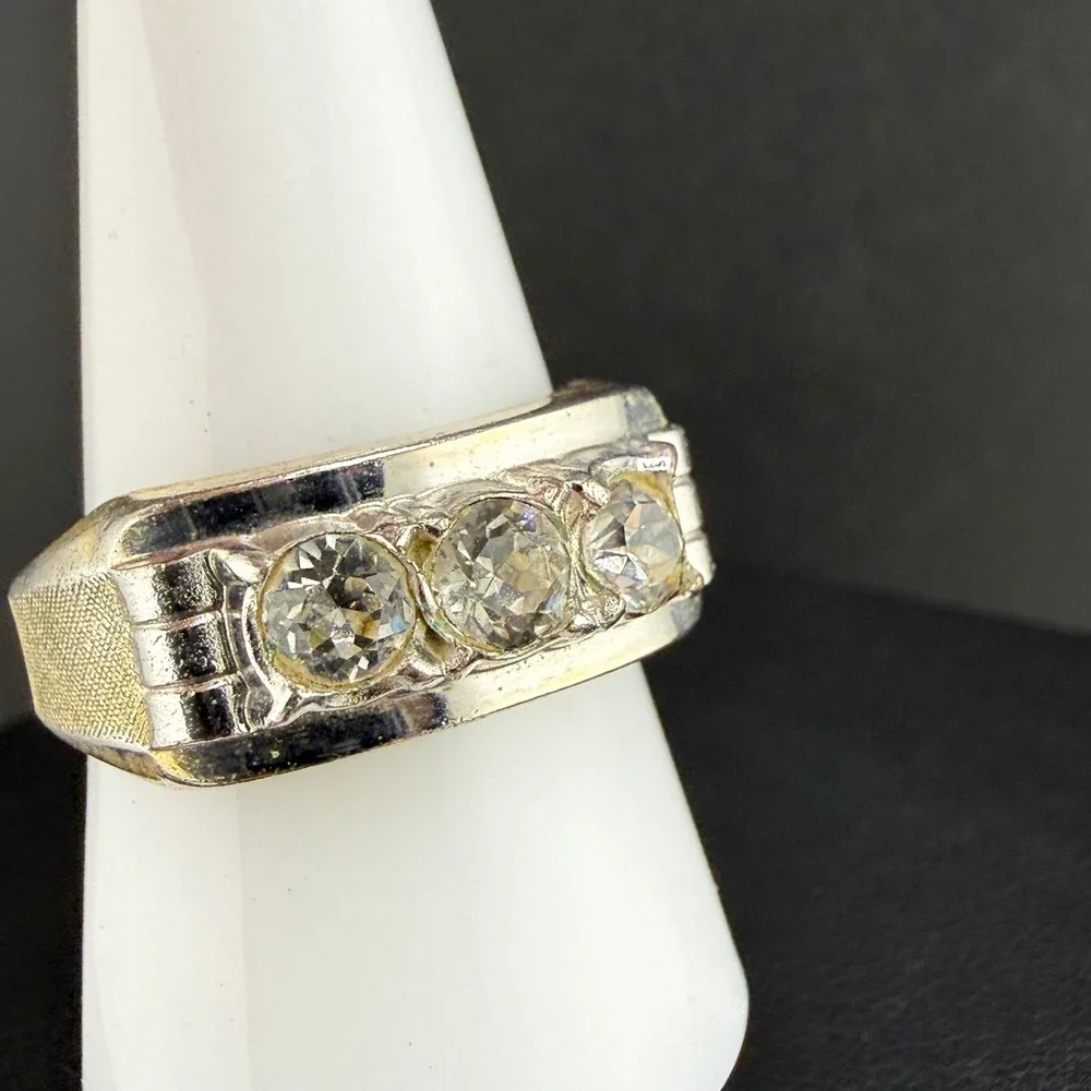 Vintage Joseph Esposito Ring Silver Gold Tone Three Stone Textured Band Size 10